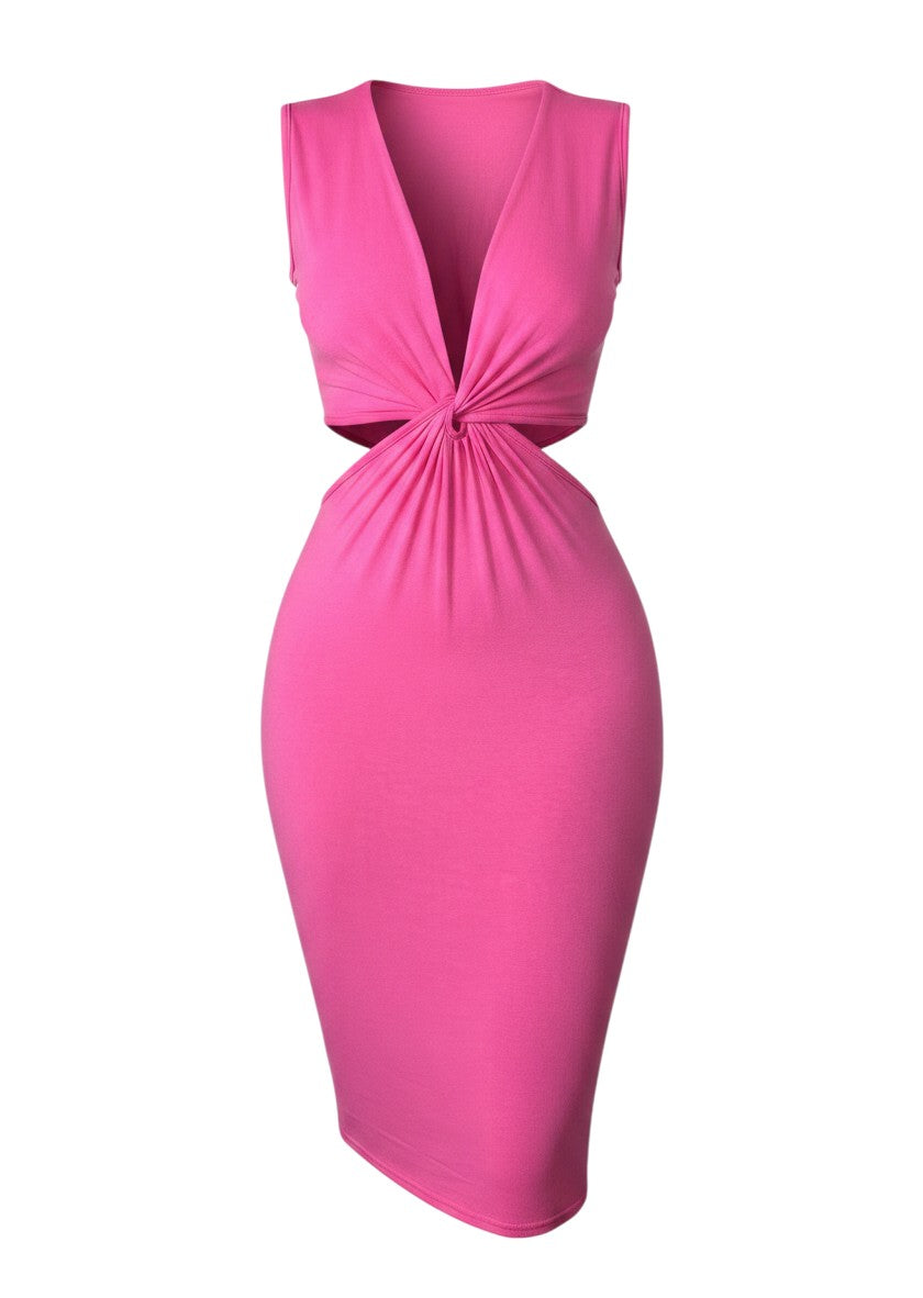 cottonandlily pink sleeveless bodycon midi dress with v-neck and front knot cut-out detail in cotton jersey
