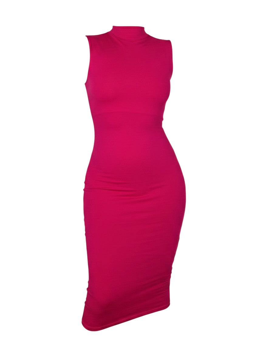 cottonandlily pink sleeveless high neck bodycon midi dress in stretchy brushed polyester blend fabric