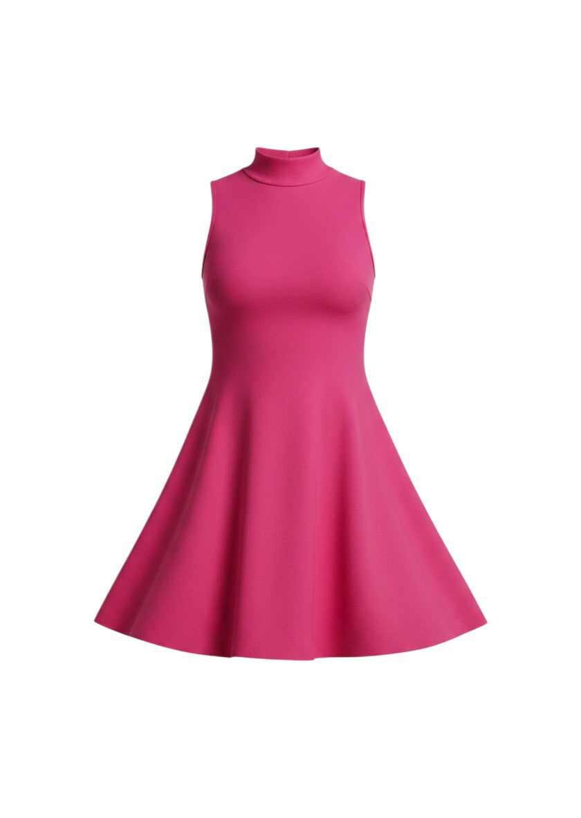 cottonandlily sleeveless pink high neck mini dress with a structured bodice and a flowy A-line skirt
