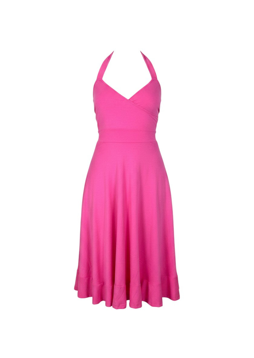 cottonandlily pink sleeveless midi skater dress with a sweetheart neckline and functional pockets
