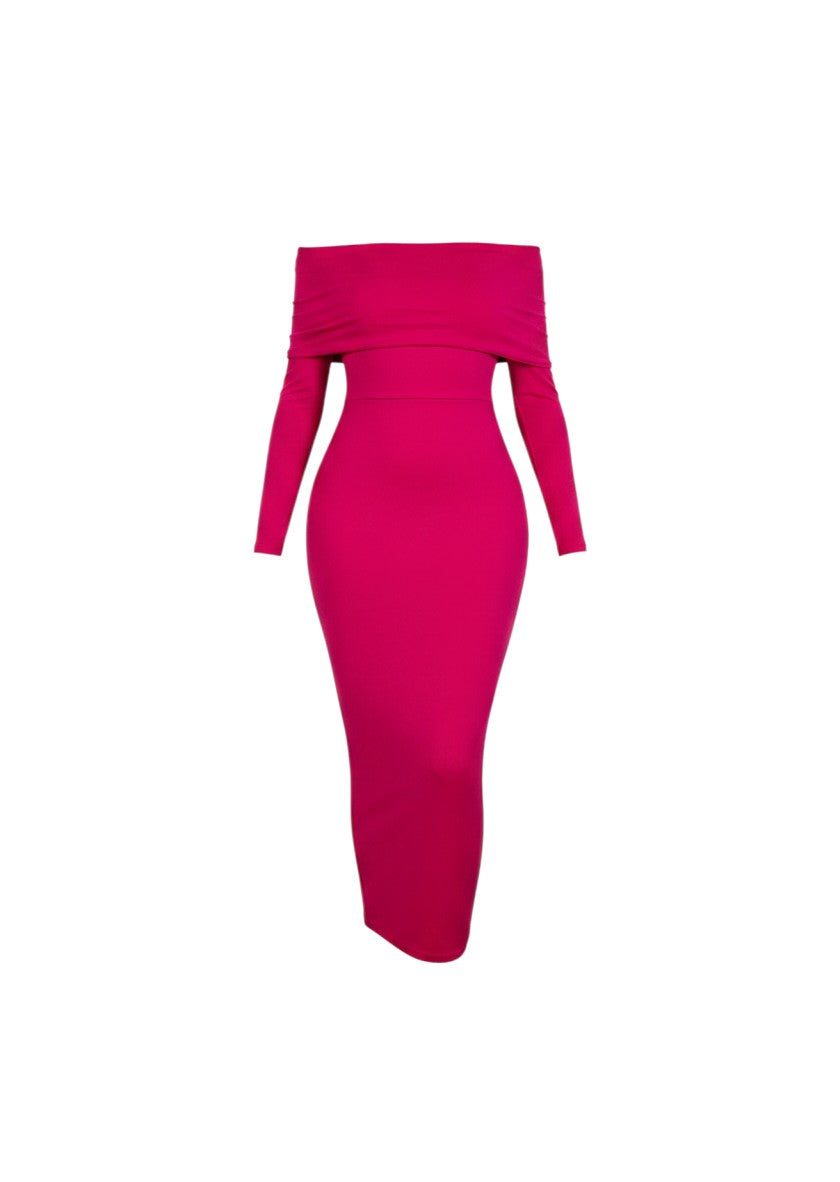 cottonandlily pink off-the-shoulder long sleeve bodycon midi dress in a fitted polyester blend jersey fabric