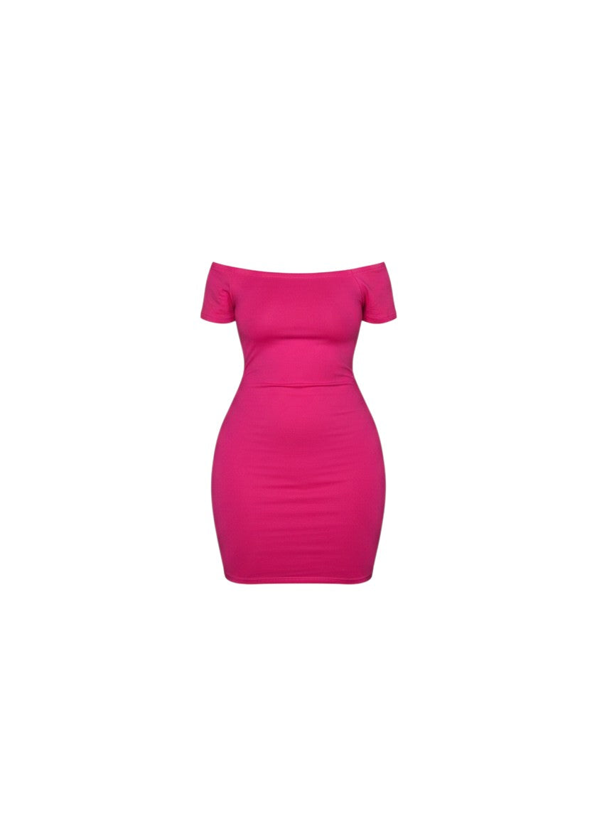 cottonandlily pink off-the-shoulder bodycon mini dress in soft jersey fabric with short sleeves