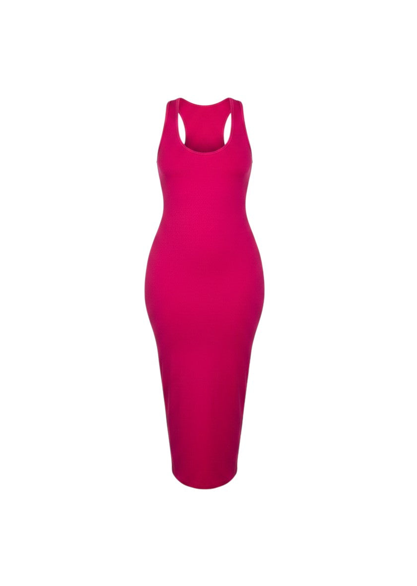 cottonandlily pink racerback bodycon midi dress in a soft cotton blend with a round neckline and fitted silhouette.