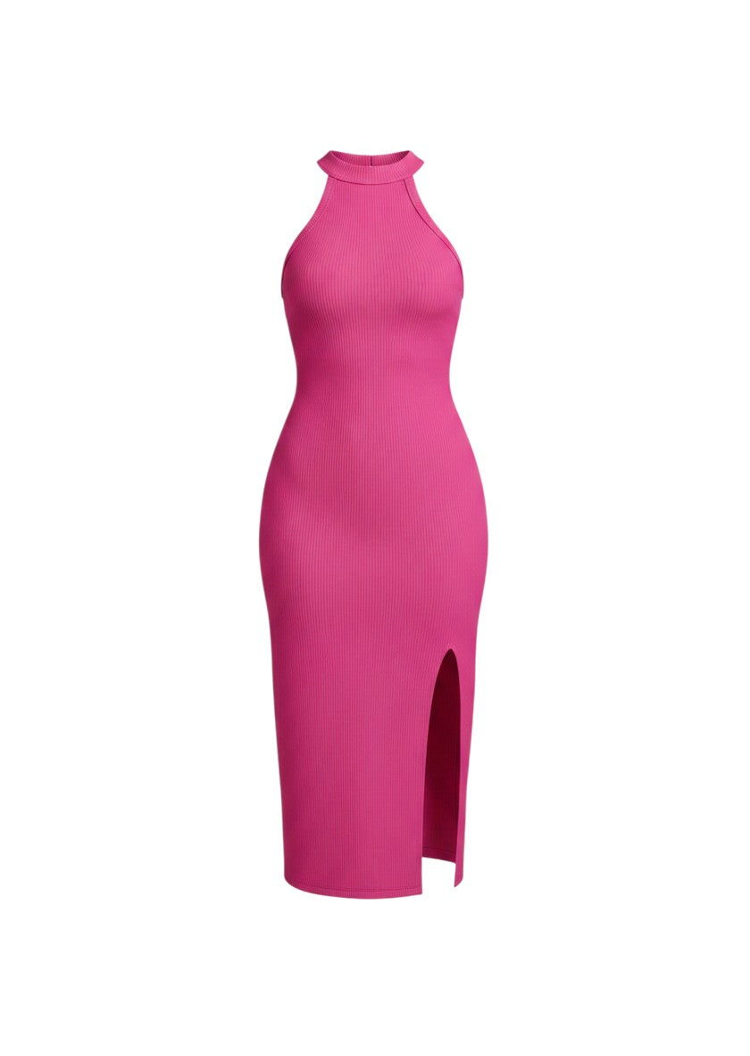 cottonandlily pink ribbed bodycon midi dress with a high neck, sleeveless cut, and a left side slit.