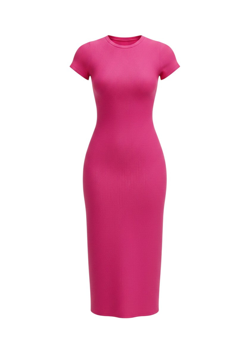 cottonandlily pink ribbed cotton jersey bodycon midi dress with short sleeves and a crew neckline