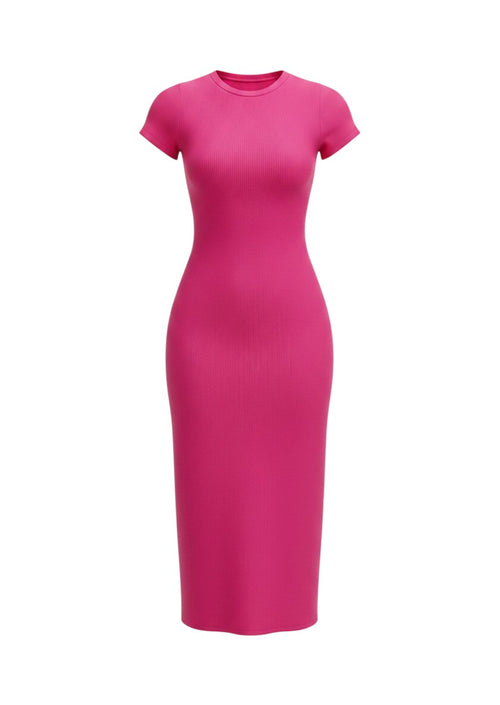 cottonandlily pink ribbed cotton jersey bodycon midi dress with short sleeves and a crew neckline
