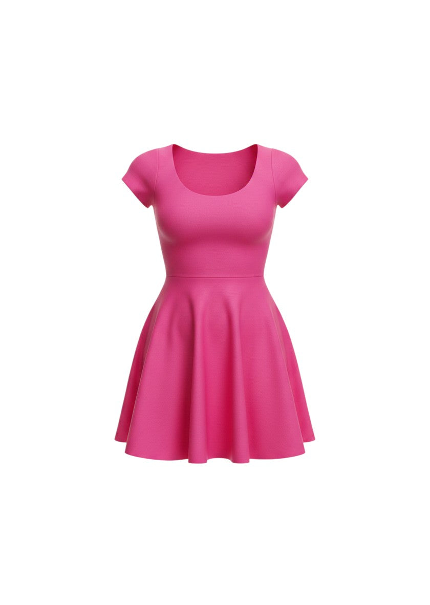 cottonandlily pink skater mini dress with a scoop neckline, short sleeves, and a flared skirt in cotton jersey blend