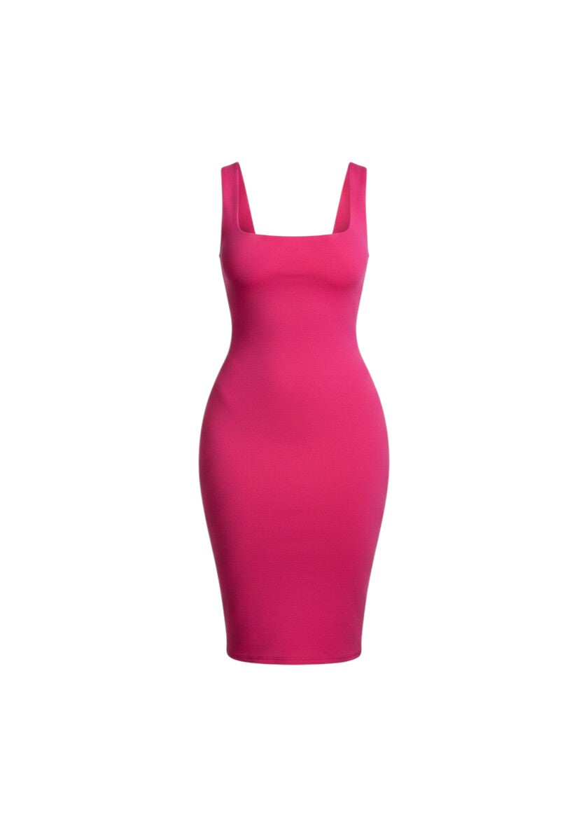 cottonandlily pink sleeveless bodycon midi dress with a square neckline in a fitted cotton blend jersey fabric
