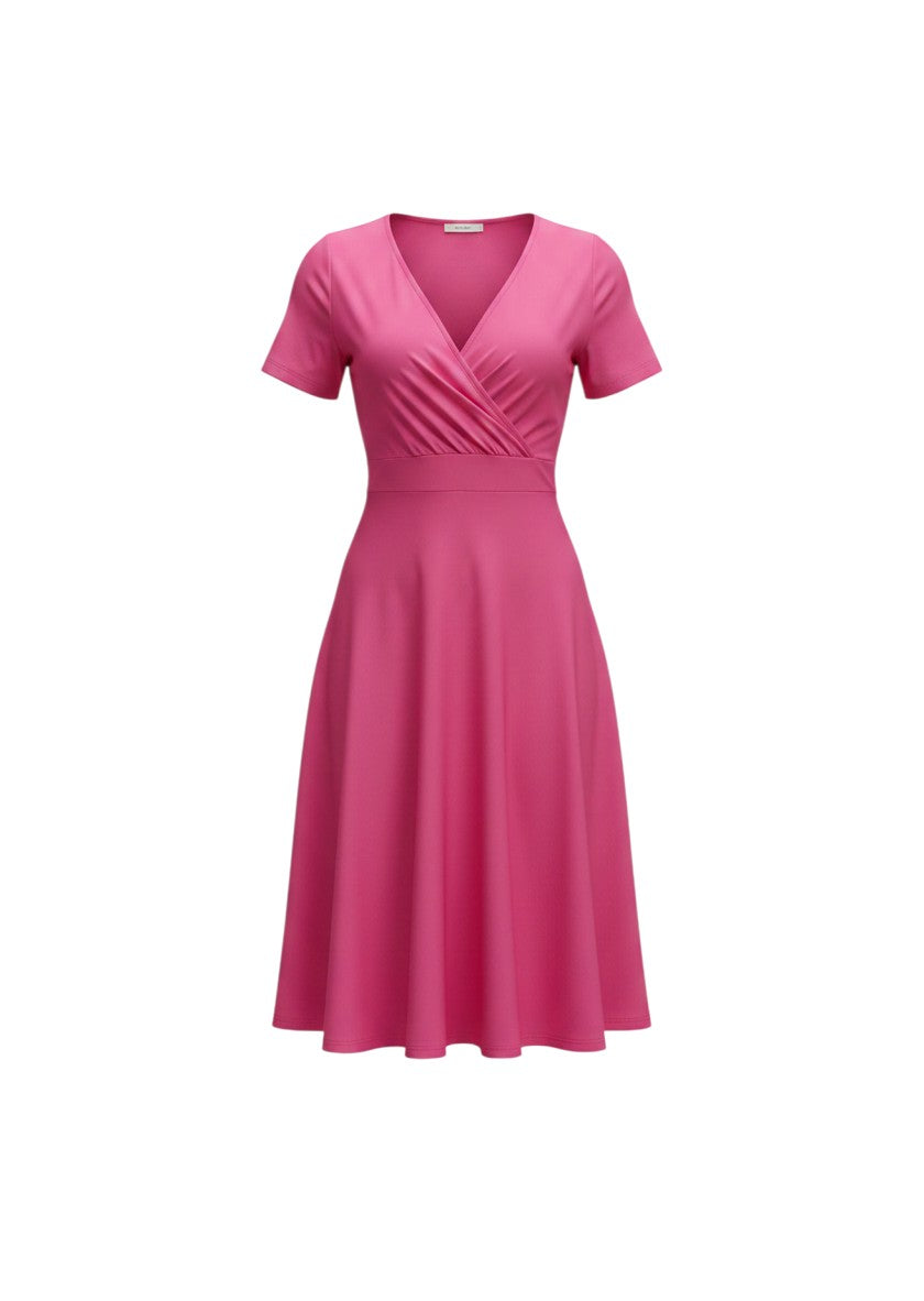 cottonandlily pink knee-length wrap dress with V-neck, short sleeves, and a flattering A-line silhouette.