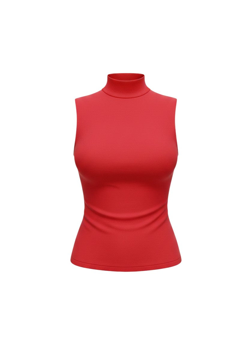 cottonandlily red sleeveless high neck crop top with side ruching detail in brushed polyester spandex fabric