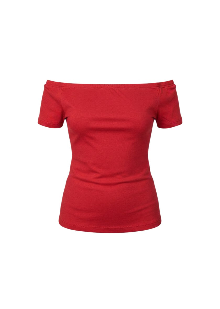cottonandlily red off-the-shoulder cotton jersey top with short sleeves and a fitted hip-length silhouette.