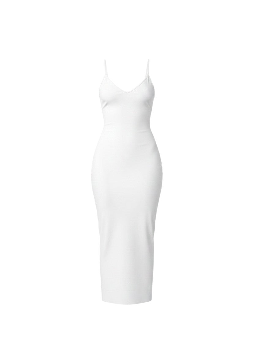 cottonandlily white cotton jersey bodycon maxi dress with spaghetti straps and a sleek form-fitting silhouette.