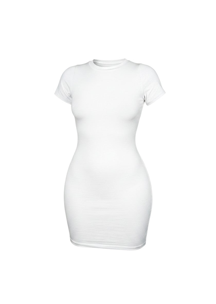 cottonandlily white cotton jersey bodycon mini dress with a crew neckline and short sleeves