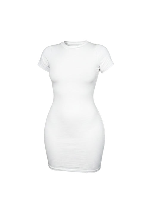 cottonandlily white cotton jersey bodycon mini dress with a crew neckline and short sleeves