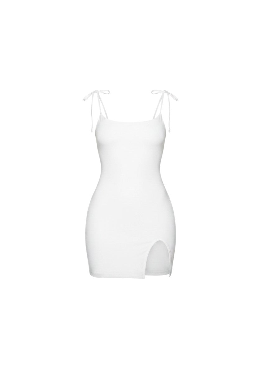 cottonandlily white cotton jersey mini dress with adjustable shoulder ties and a side slit