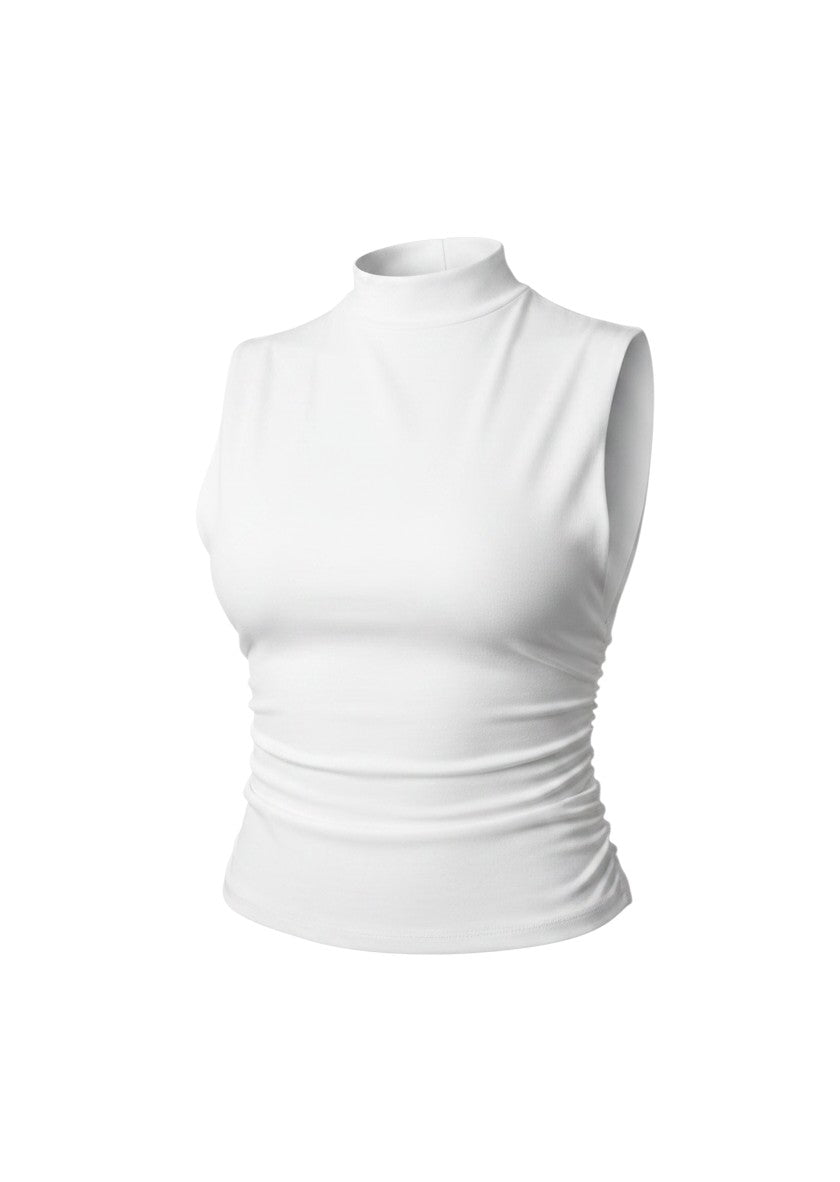 cottonandlily white sleeveless high neck crop top with side ruching detail made from brushed polyester and spandex