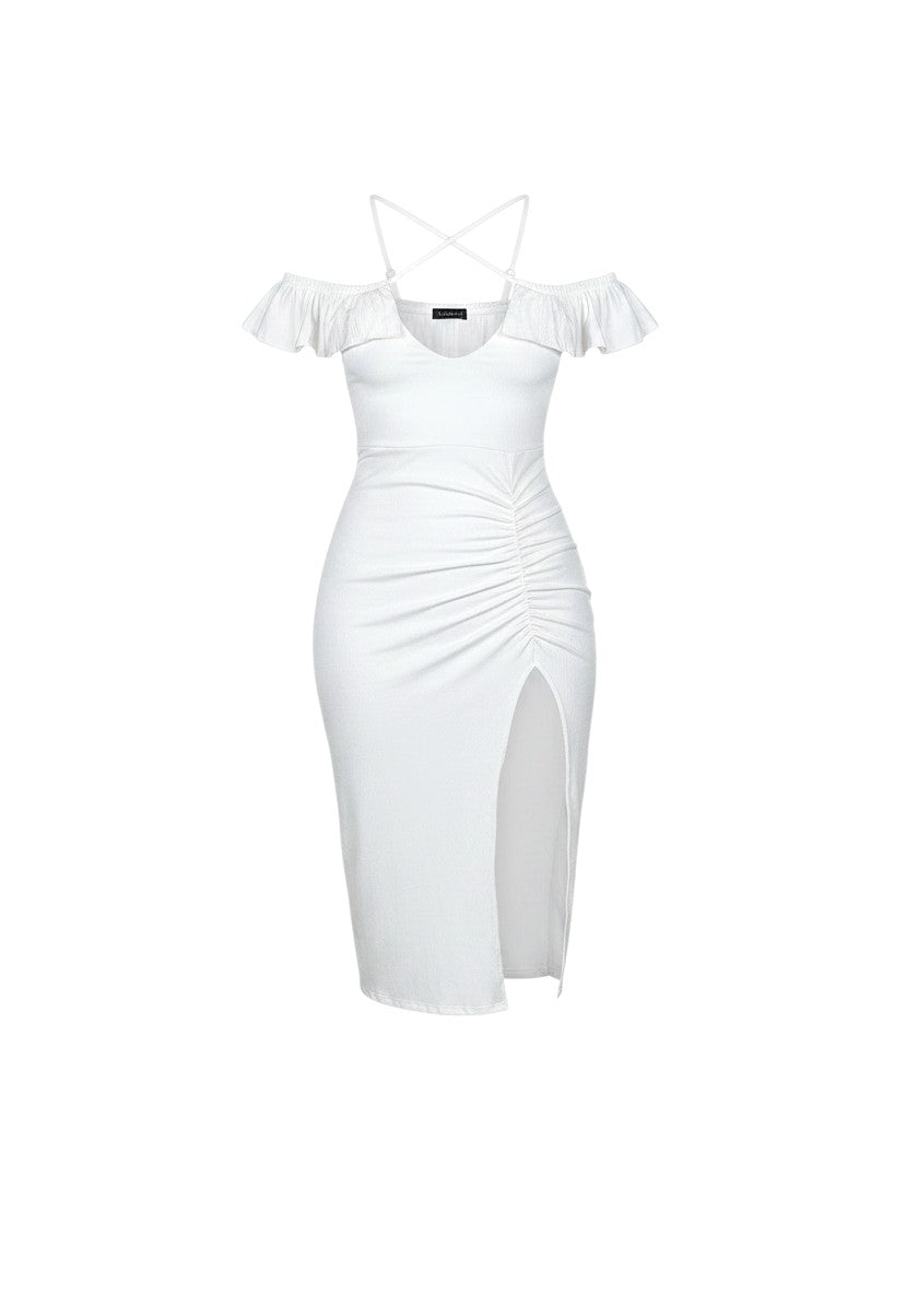 cottonandlily white bodycon midi dress with ruffled off-the-shoulder sleeves, crossed straps, and side slit