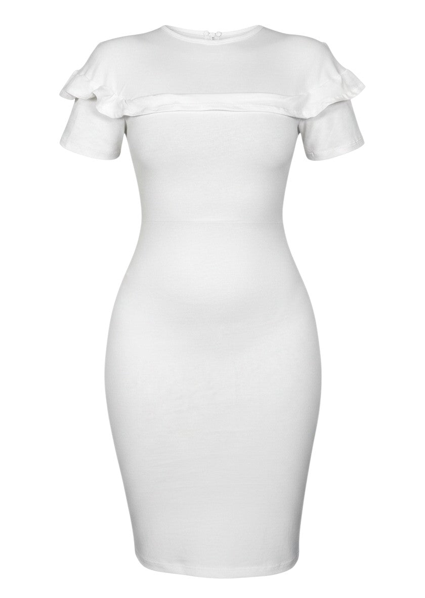 cottonandlily white cotton jersey midi bodycon dress with short sleeves and ruffle detail on the chest