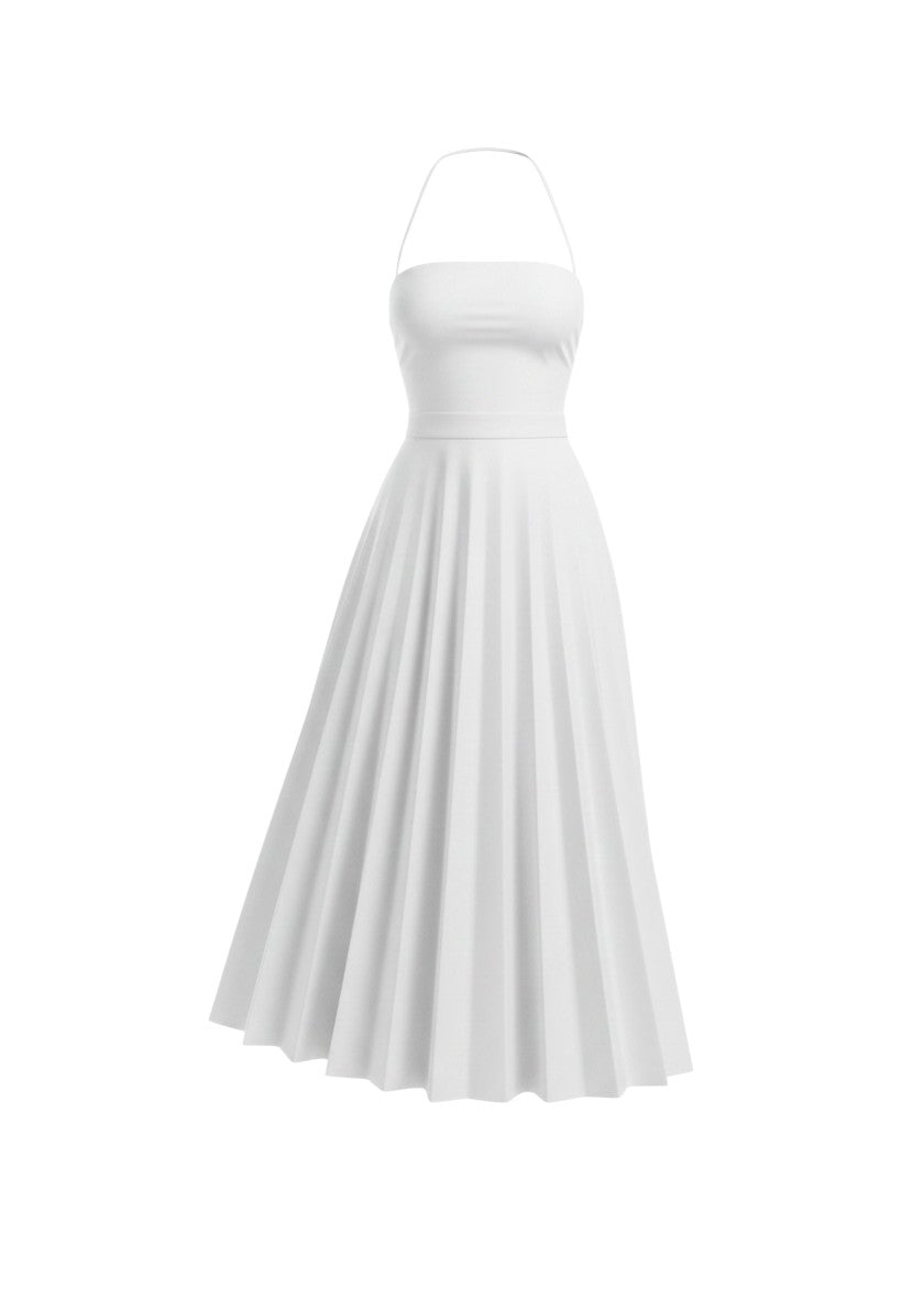 cottonandlily white skater maxi dress with square neckline, open back, and adjustable straps in cotton blend fabric.
