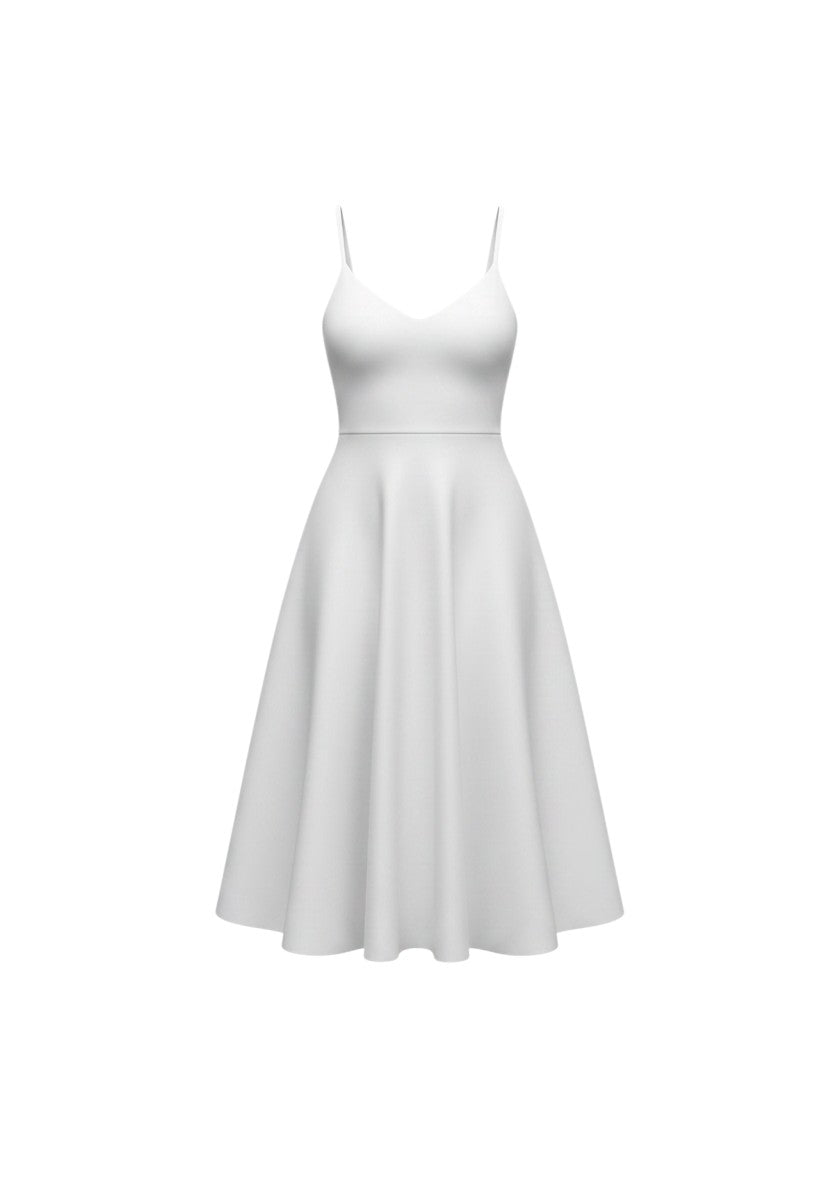 cottonandlily white midi skater dress with spaghetti straps, fitted bodice, and flared a-line skirt in cotton blend