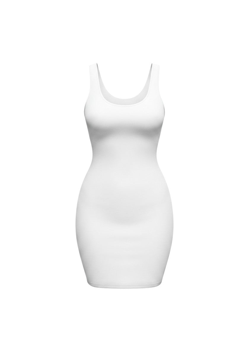 cottonandlily white cotton jersey tank bodycon mini dress with a round neckline and sleeveless fitted silhouette.