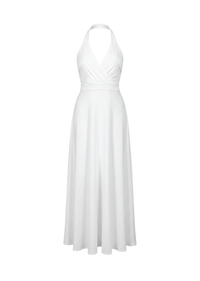 cottonandlily white sleeveless wrap maxi dress with a V-neck and open back in soft cotton blend jersey fabric