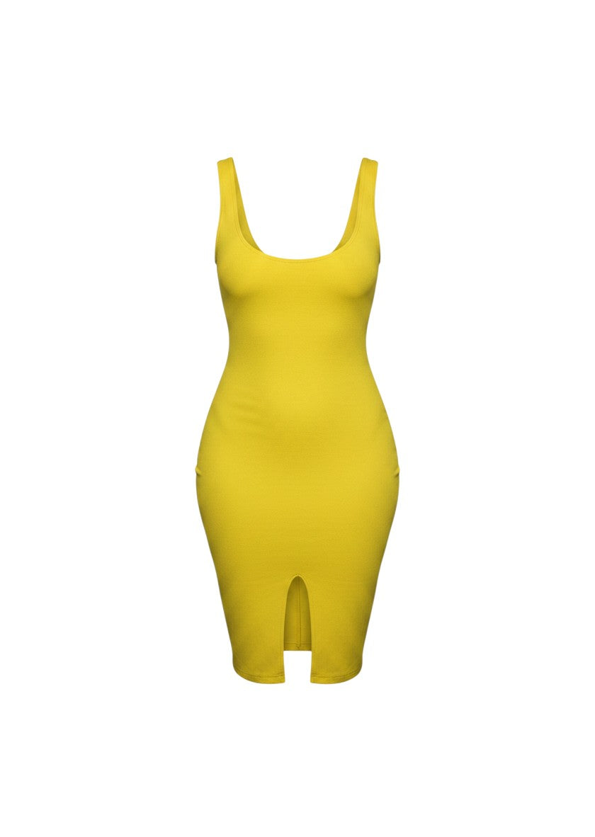 cottonandlily yellow sleeveless bodycon mini dress with a scoop neckline and a front slit in brushed jersey fabric