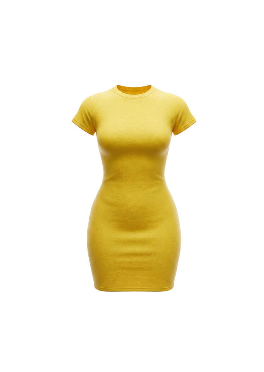 cottonandlily yellow cotton jersey bodycon mini dress with a crew neckline and short sleeves on a white background