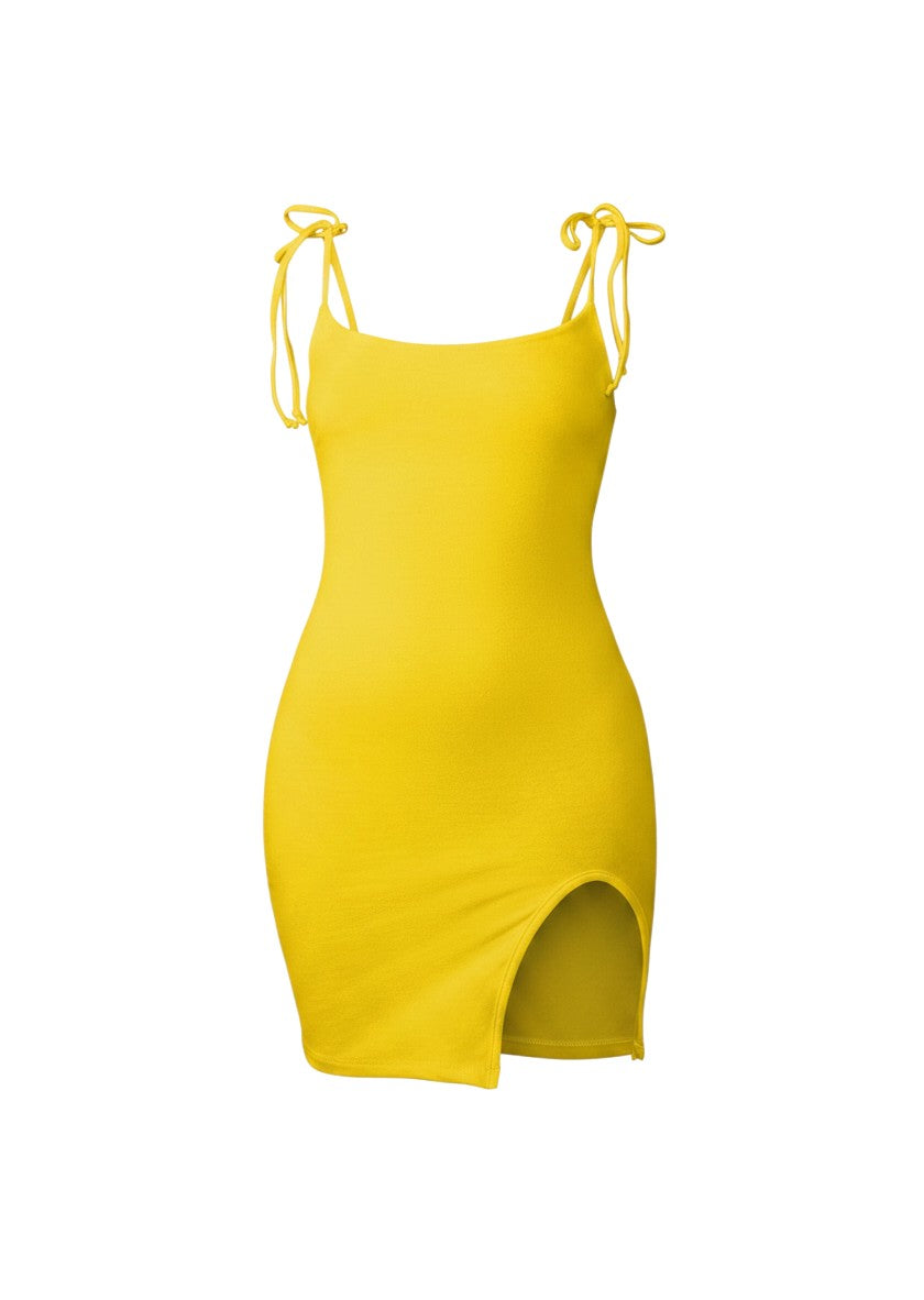 cottonandlily yellow cotton jersey mini dress with adjustable shoulder ties and a side slit