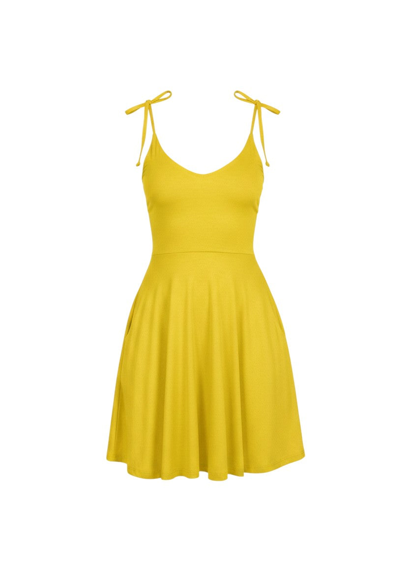 cottonandlily yellow cotton jersey skater mini dress with adjustable shoulder ties and side pockets
