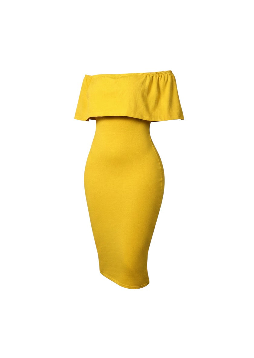cottonandlily yellow off-the-shoulder bodycon midi dress with ruffled sleeves in a fitted cotton blend fabric